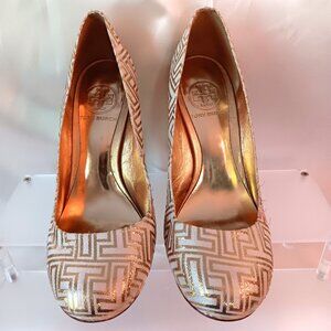 TORY BURCH COLIN T LOGO METALLIC GOLD HIGH HEEL SHOES BEAUTIFUL ~ SIZE 7.5M